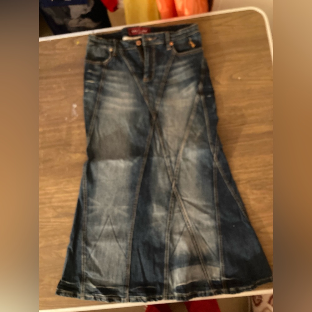 Baby Phat Y2K 2000s Stretch Denim Jean Mermaid Patchwork Modest Midi Skirt 3